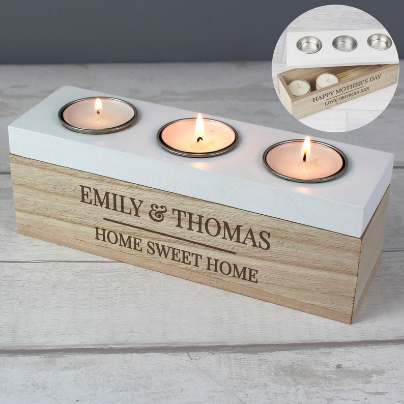 Personalised Classic Triple Tea Light Box tealight box new home gift couple gift image 1