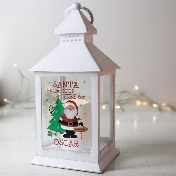 Personalised Santa White Lantern - Christmas lantern - Personalised Christmas Lantern - santa stop here