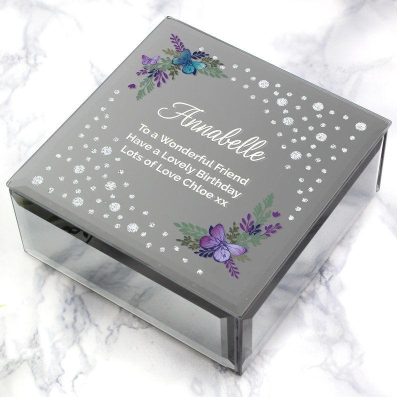 Personalised Floral Butterfly Diamante Glass Trinket Box Personalised jewellery box mothers day gift gift for her birthday gift image 4