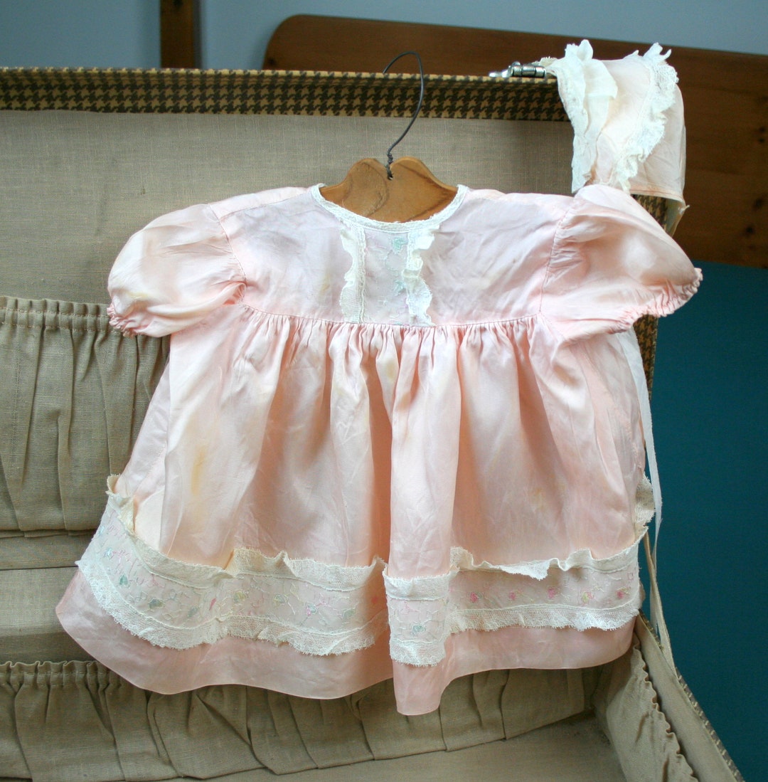 Vintage Baby Dress Set Pink Taffeta Embroidered Lace Etsy