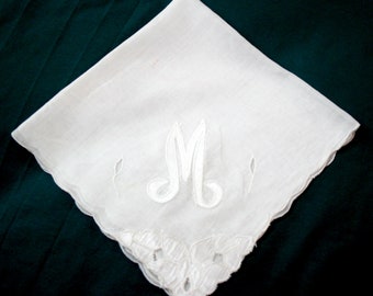 Vintage M Monogram Handkerchief White Cotton Bridal Hankie