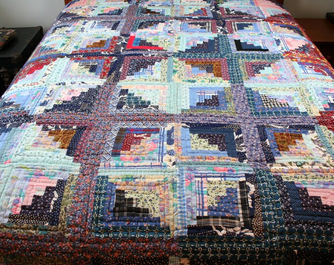 Vintage Hand Quilted Log Cabin Queen Quilt Etsy