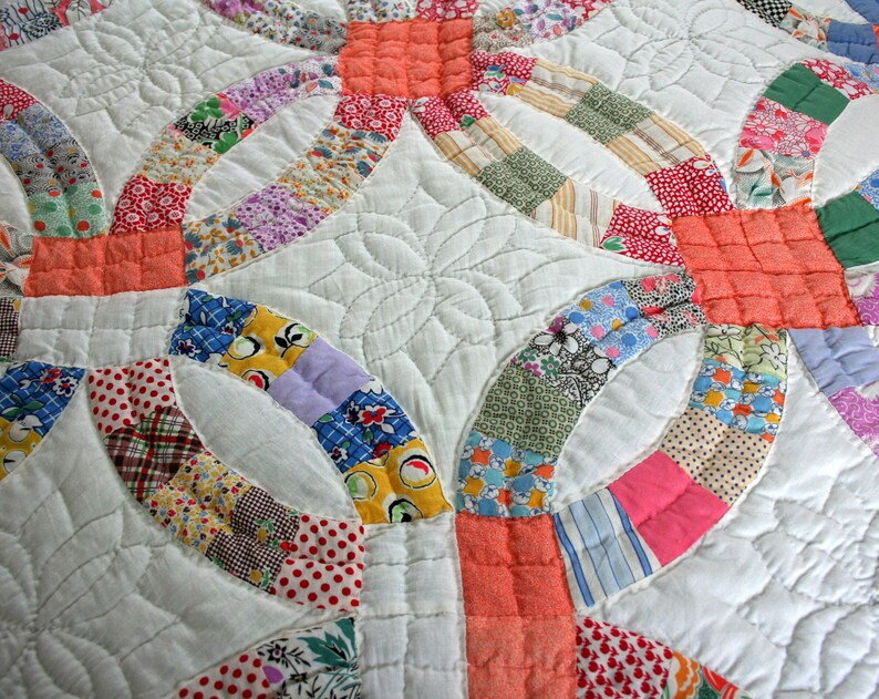 Hand Quilted Double Wedding Ring Patchwork Quilt Vintage Etsy