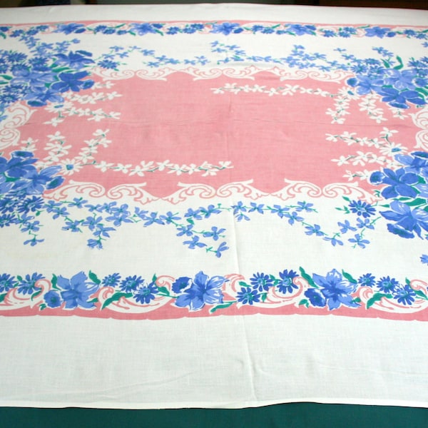 Nappe rectangulaire en coton imprimée vintage, grandes fleurs en lin roses bleues