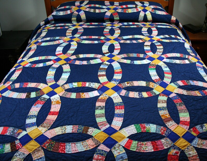 Hand Quilted Double Wedding Ring Patchwork Quilt Queen King Etsy