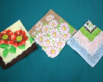 Vintage Handkerchiefs Stamped Cotton Floral Ladies Hankies Lot 3