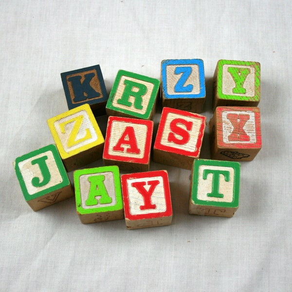 Vintage Wood Toy Blocks Alphabet Letters Set 12