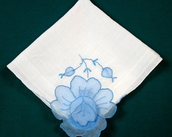 Vintage Ladies Handkerchief White Blue Floral Cotton Organza Wedding