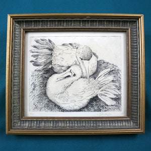May include: A black and white pen and ink drawing of two birds in a nest. The birds are intertwined with their heads touching. The drawing is framed in a gold frame.