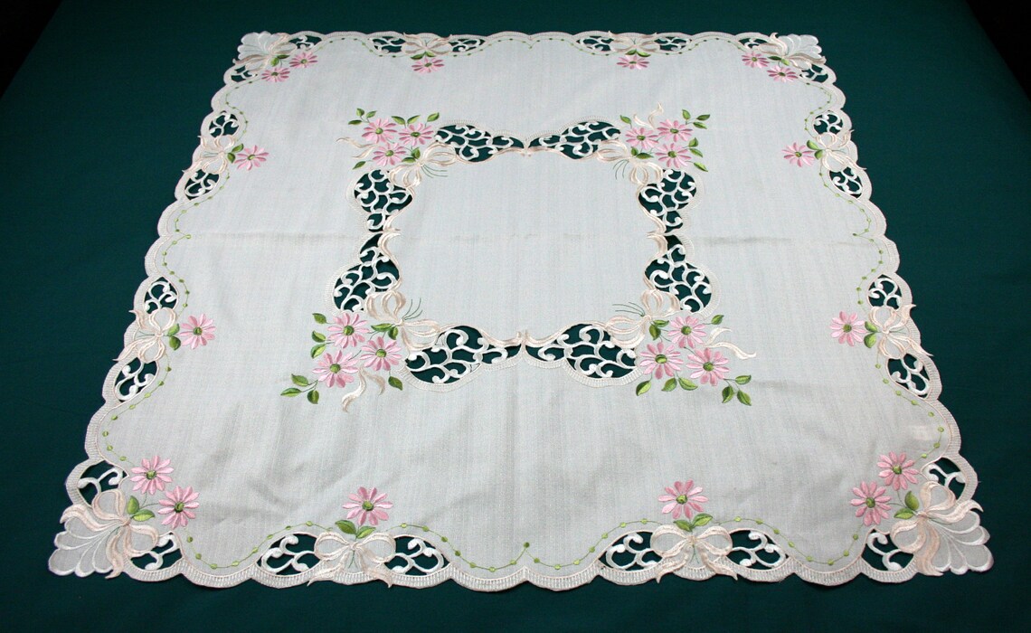 Small Square Tablecloth Peggy Wilkins Ivory Pink Embroidered Etsy