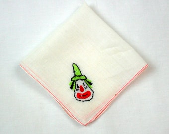 Vintage Child's Small Hankie Cotton Embroidered Clown Handkerchief