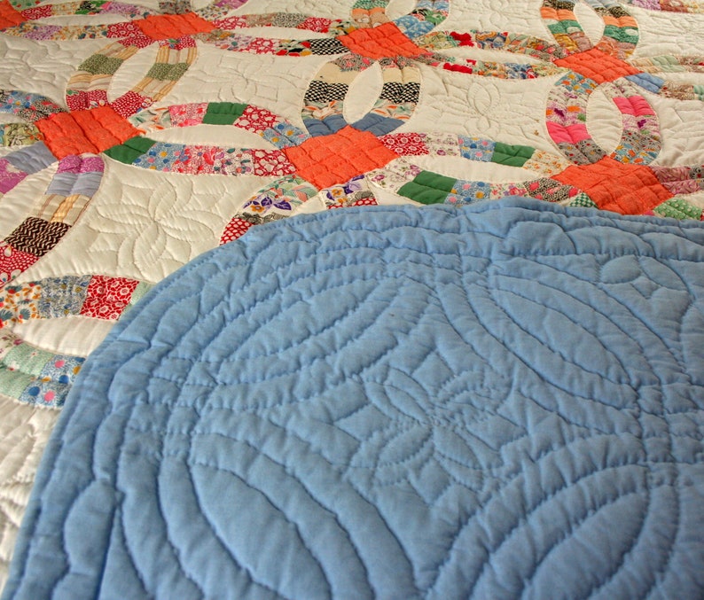 Hand Quilted Double Wedding Ring Patchwork Quilt Vintage Etsy