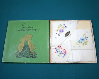 Boxed Ladies Linen Hankies Hand Loom Vintage NOS Handkerchiefs