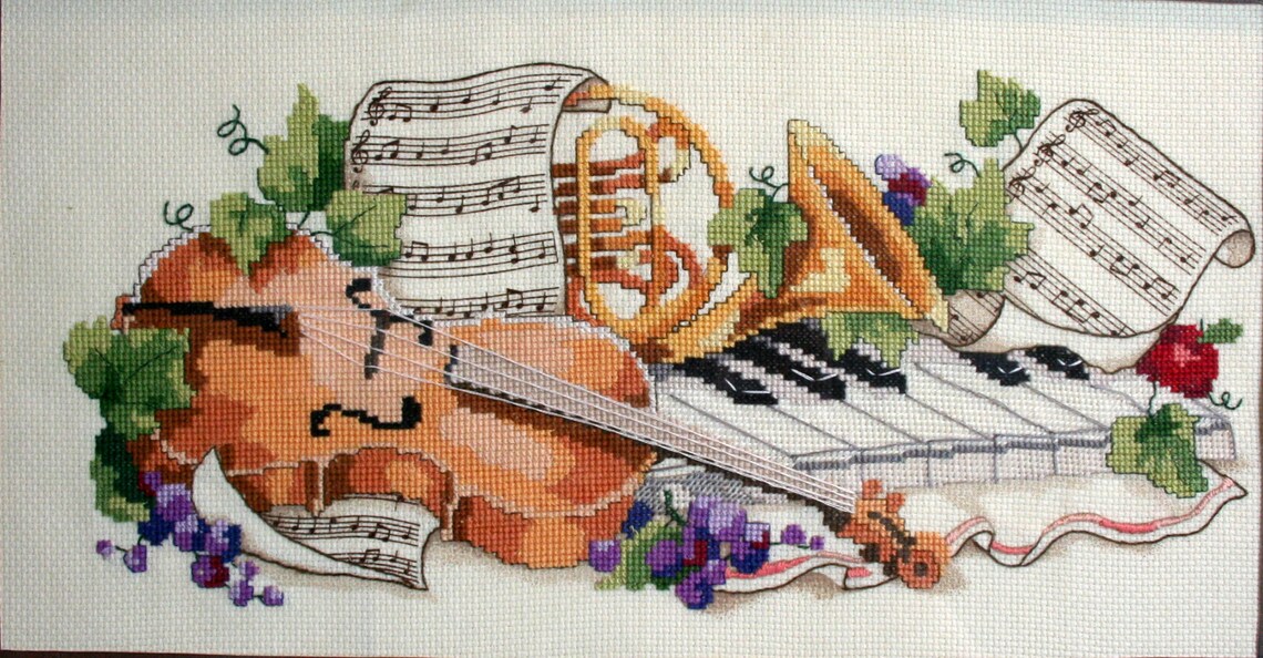Framed Counted Cross Stitch Picture Musical Instruments Etsy