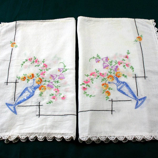 Vintage Handmade Mantel Cloths Table Runners Dresser Scarves Pair Hand Embroidered Crocheted