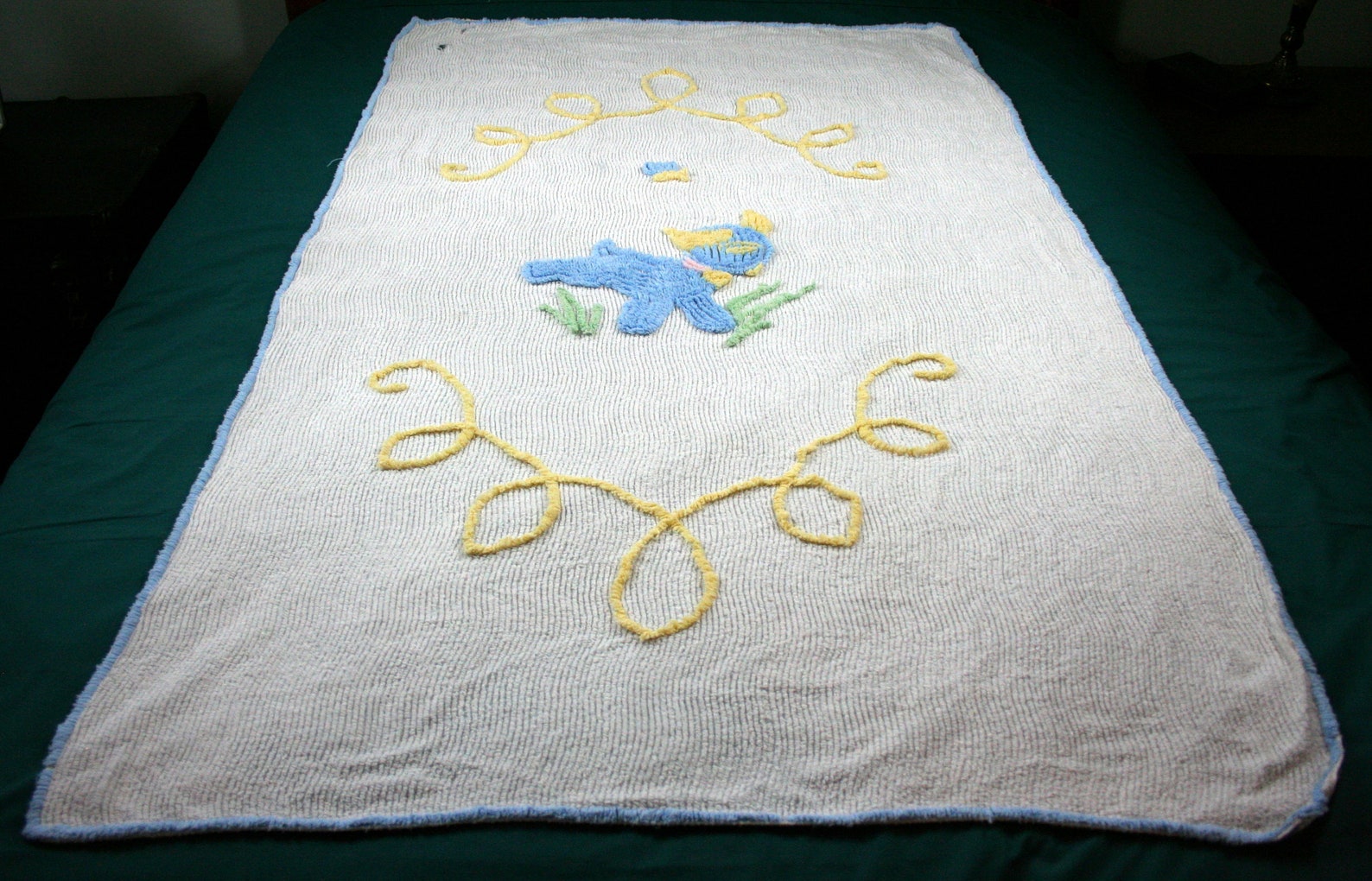 Chenille Baby Crib Bedspread Vintage Blue Yellow Etsy