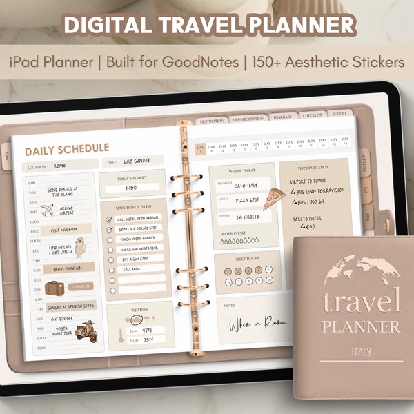 Planificador de viajes digital Goodnotes, Planificador de viajes realista para iPad, Planificador de vacaciones con pestañas, Diario de itinerario marrón, Pegatinas de viaje