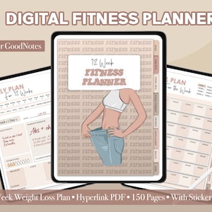 May include: A digital fitness planner for GoodNotes with a 12-week weight loss plan, hyperlinks, and a sticker book. The planner features a pink and brown color scheme with a cartoon illustration of a woman in a white sports bra and blue jeans.