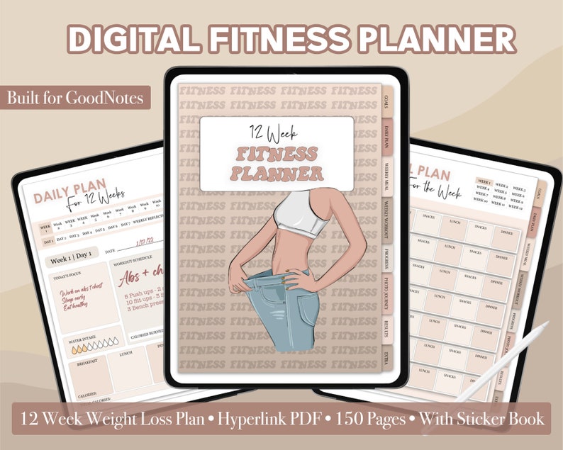 May include: A digital fitness planner for GoodNotes with a 12-week weight loss plan, hyperlinks, and a sticker book. The planner features a pink and brown color scheme with a cartoon illustration of a woman in a white sports bra and blue jeans.