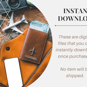 May include: A brown leather passport holder with a plane design and the word "PASSPORTO" on it. The holder is on a map with a compass, a camera, and a toy airplane. The text "INSTANT DOWNLOAD" is on a white background.