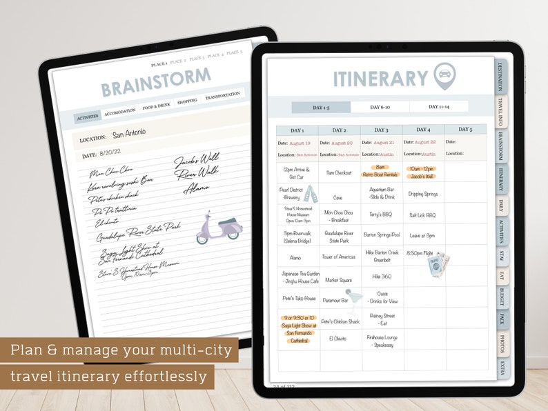 May include: A digital planner with a light blue and white color scheme. The planner is open to a page titled "Itinerary" with a list of days and activities. The planner also has a page titled "Brainstorm" with a list of activities and locations. The planner is designed to help people plan and manage their multi-city travel itineraries.