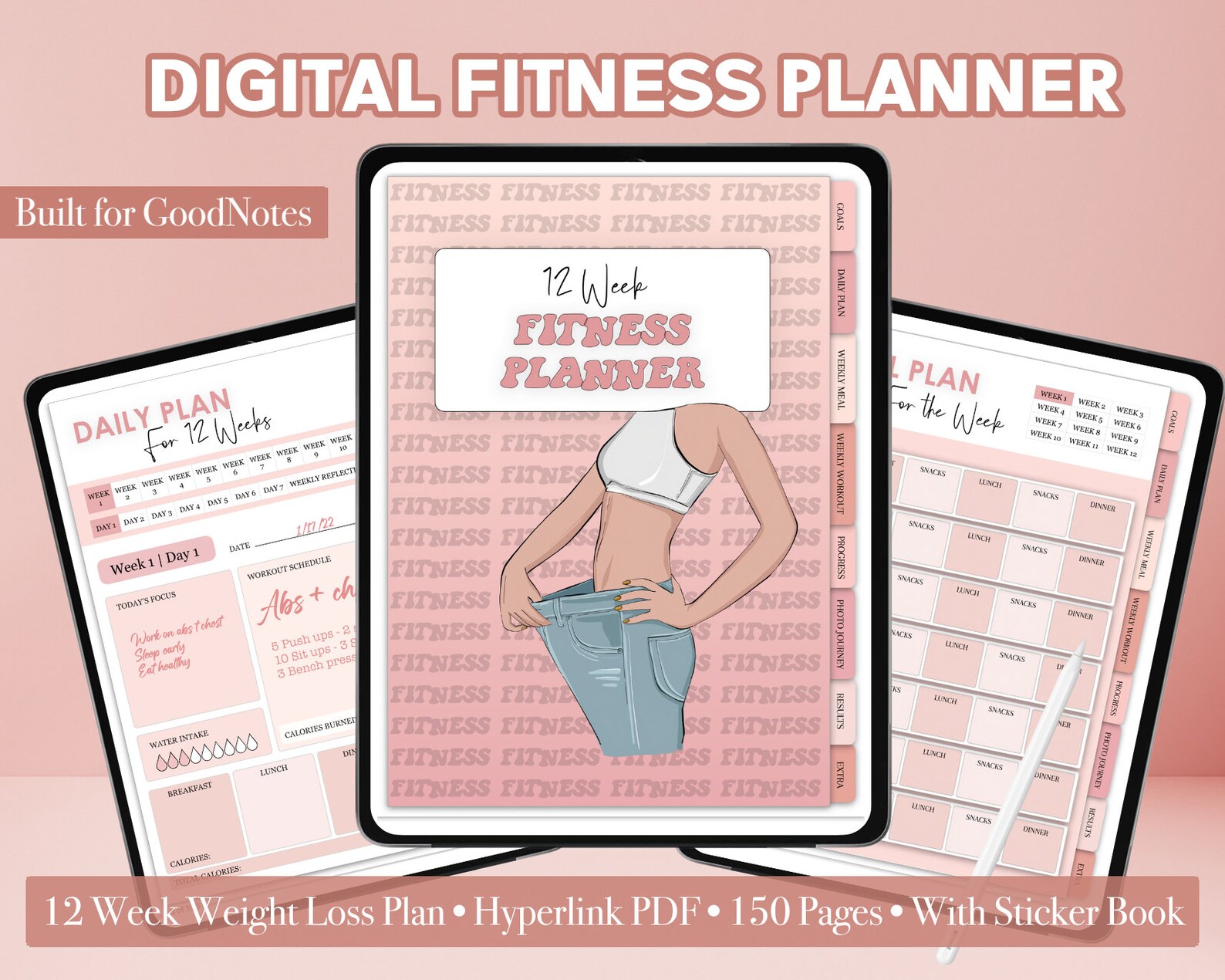 Weight Loss Tracker Digital for Goodnotes Ipad, Pink Fitness Planner ...