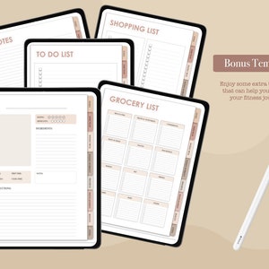 May include: A set of printable digital planner pages for a tablet or iPad. The pages include sections for notes, to-do lists, shopping lists, and grocery lists. The pages are designed in a minimalist style with a neutral color palette.