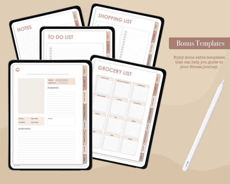 May include: A set of printable digital planner pages for a tablet or iPad. The pages include sections for notes, to-do lists, shopping lists, and grocery lists. The pages are designed in a minimalist style with a neutral color palette.