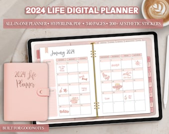 2024 Pink Digital Planner for iPad on Goodnotes | Pastel Pink  Dated Realistic Life Calendar for Students, Business with Stickers