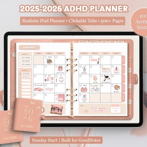 2025-2026  Digital Planner, 2025-20206 ADHD Planner, iPad Planner, Goodnotes Planner, Pink Planner, Realistic iPad Planner, Digital Calendar