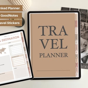 May include: A digital planner for GoodNotes app with a brown background and the text "TRAVEL PLANNER". The planner has tabs for different travel categories, such as "Destination", "Activities", and "Packing".