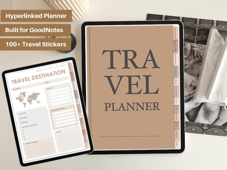 May include: A digital planner for GoodNotes app with a brown background and the text "TRAVEL PLANNER". The planner has tabs for different travel categories, such as "Destination", "Activities", and "Packing".