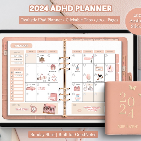 2024 Digital Planner, 2024 ADHD Planner, 2024 iPad Planner, 2024 Goodnotes Planner, Pink Planner, Realistic iPad Planner, Digital Calendar