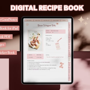 Cyfrowa książka kucharska w kolorze różowym dla Goodnotes i Notability | Hiperlinkowana książka kucharska na iPada | Cyfrowy planer przepisów | Przepisy Goodnotes