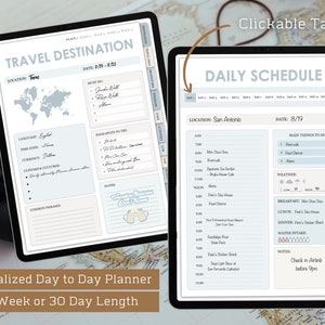May include: A digital planner template with a light blue and white color scheme. The template is designed for travel planning and includes sections for daily schedules, travel destinations, and notes. The planner has clickable tabs for easy navigation.