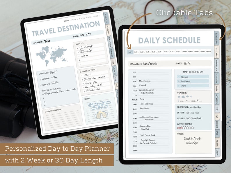 May include: A digital planner template with a light blue and white color scheme. The template is designed for travel planning and includes sections for daily schedules, travel destinations, and notes. The planner has clickable tabs for easy navigation.