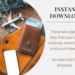 May include: A brown leather passport holder with a plane design and the word "PASSPORTO" on it. The holder is on a map with a compass, a camera, and a toy airplane. The text "INSTANT DOWNLOAD" is on a white background with a brown line.