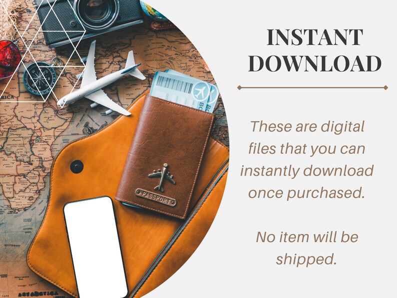 May include: A brown leather passport holder with a plane design and the word "PASSPORTO" on it. The holder is on a map with a compass, a camera, and a toy airplane. The text "INSTANT DOWNLOAD" is on a white background with a brown line.