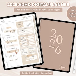 Agenda digitale ADHD 2026 per Goodnotes: agenda verticale per iPad con adesivi (formato PDF)