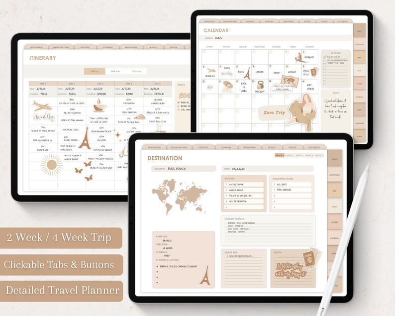 Digital Travel Planner Goodnotes for iPad, Digital Travel Journal & itinerary for 14 day or 31 day trip, travel stickers , traveler gift image 2