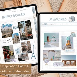 May include: A digital tablet with two screens, one showing a travel inspiration board with photos of Paris and the other showing a travel memory album with photos of a Greek island. The inspiration board has the text "Inspo Board" and the memory album has the text "Memories".