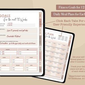 May include: A digital planner with tabs for fitness goals, meal plans, and weekly workouts. The planner includes sections for weight, chest, arms, waist, calves, thighs, and hips. The planner is designed for 12 weeks and includes a daily meal plan for each week. The planner is hyperlinked for use with Goodnotes and Notability.