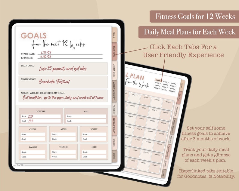 May include: A digital planner with tabs for fitness goals, meal plans, and weekly workouts. The planner includes sections for weight, chest, arms, waist, calves, thighs, and hips. The planner is designed for 12 weeks and includes a daily meal plan for each week. The planner is hyperlinked for use with Goodnotes and Notability.