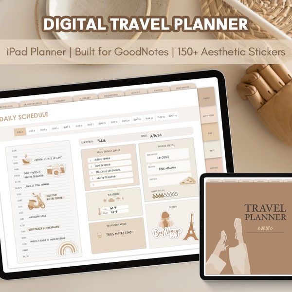 Digital Travel Planner Goodnotes for iPad, Digital Travel Journal & itinerary for 14 day or 31 day trip,  travel stickers , traveler gift