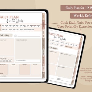 May include: A digital planner for 12 weeks with tabs for daily and weekly reflection. The planner includes sections for goals, meals, workouts, progress, photo journal, results, and extras. The planner is designed to help users track their fitness journey and make progress towards their goals.