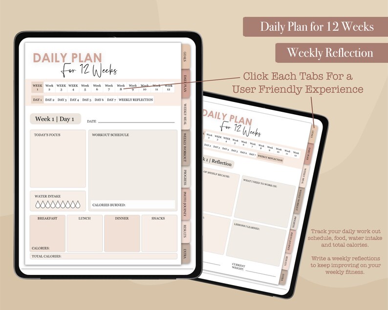 May include: A digital planner for 12 weeks with tabs for daily and weekly reflection. The planner includes sections for goals, meals, workouts, progress, photo journal, results, and extras. The planner is designed to help users track their fitness journey and make progress towards their goals.