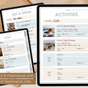May include: A digital planner with a blue and white design. The planner is divided into sections for different activities, such as eating, drinking, staying, and activities. The planner includes sections for location, date, address, price, notes, and reserved. The planner is designed to help people plan their trips.