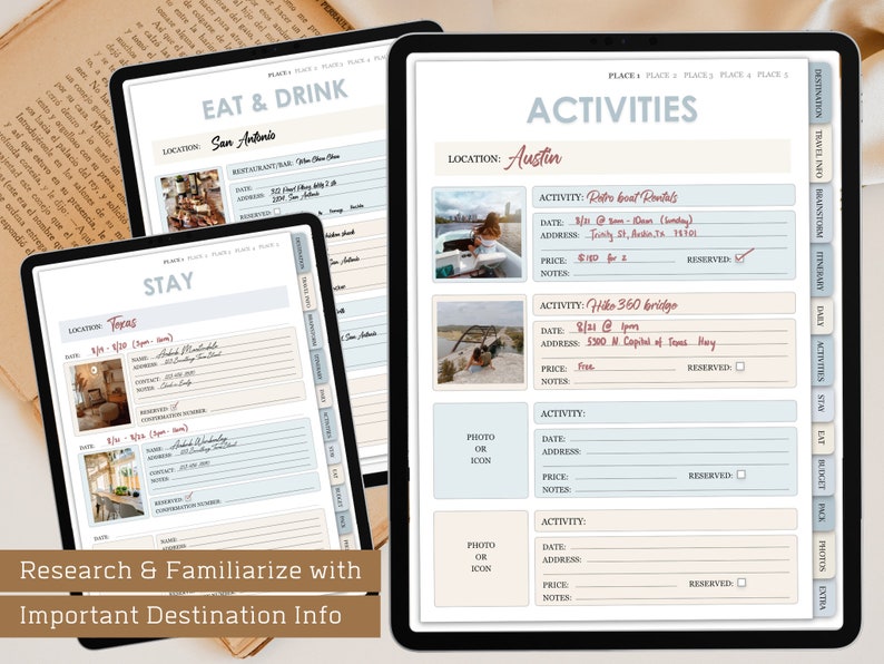 May include: A digital planner with a blue and white design. The planner is divided into sections for different activities, such as eating, drinking, staying, and activities. The planner includes sections for location, date, address, price, notes, and reserved. The planner is designed to help people plan their trips.