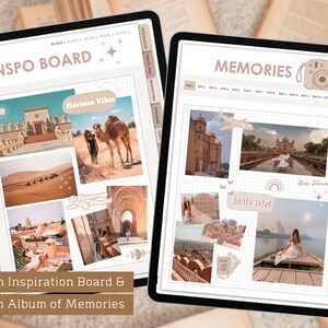 May include: A digital planner with two pages, one labeled "Inspo Board" and the other "Memories". The Inspo Board page features photos of Morocco and India, with the text "Morocco Vibes" and "India Trip!" The Memories page has a grid for recording dates, activities, and photos.