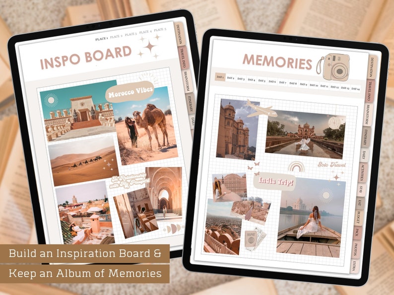 May include: A digital planner with two pages, one labeled "Inspo Board" and the other "Memories". The Inspo Board page features photos of Morocco and India, with the text "Morocco Vibes" and "India Trip!" The Memories page has a grid for recording dates, activities, and photos.